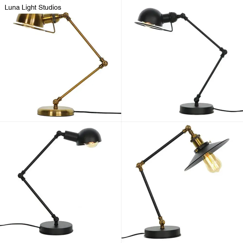 - Vintage Antique Swing Arm Nightstand Lamp Single Metal Table Light with Dome Shade and Wire Guard in Brass/Black