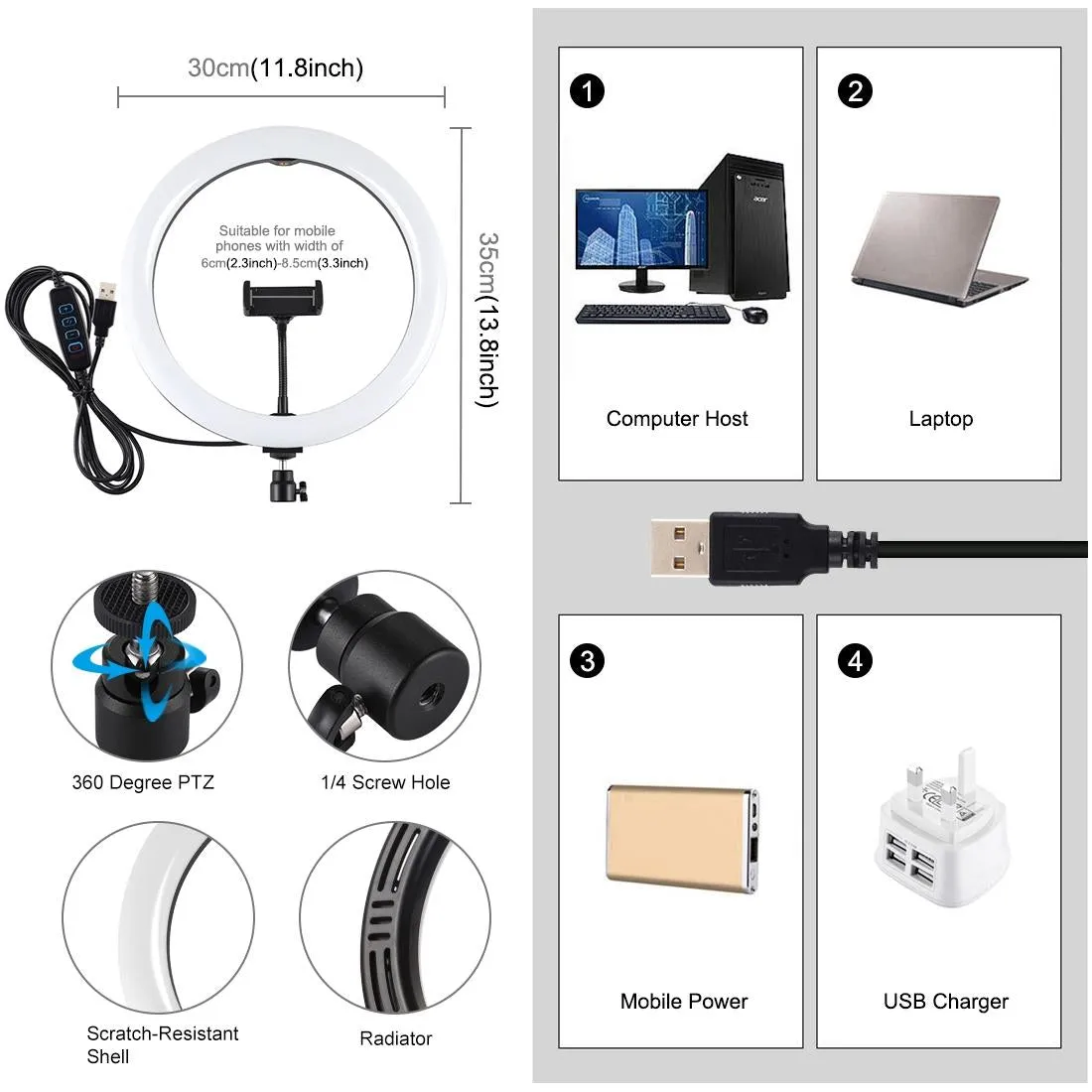 30cm Usb Dual Colour Led Ring Light with Phone Clamp