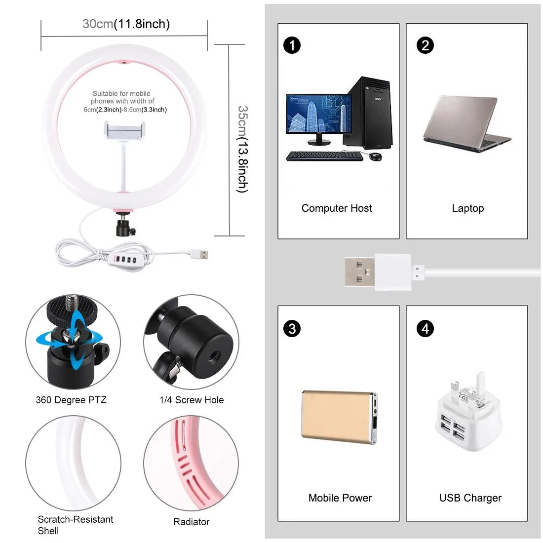 30cm Usb Dual Colour Led Ring Light with Phone Clamp