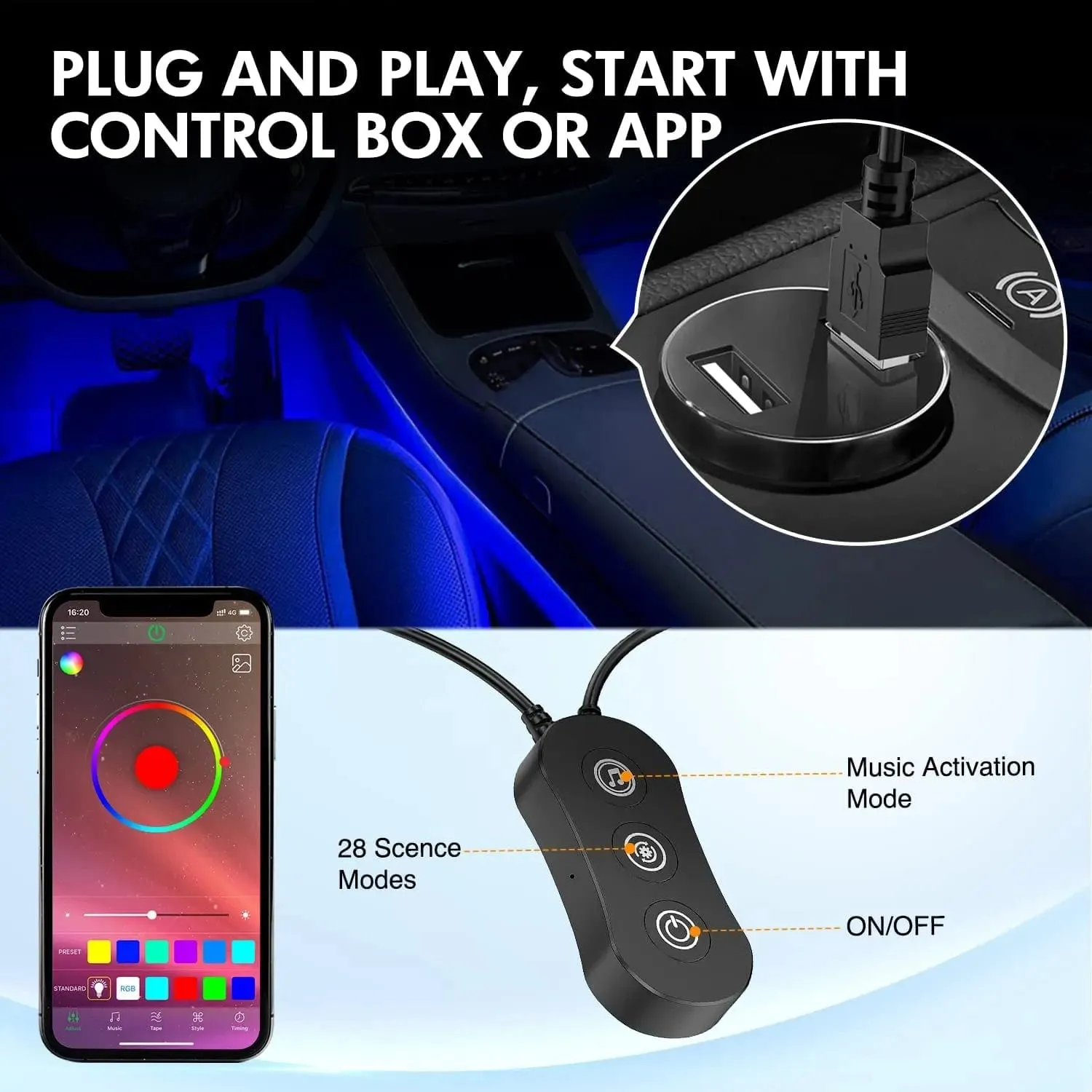 48Leds RGB USB Interior Light Strip APP Remote Control 4PCS