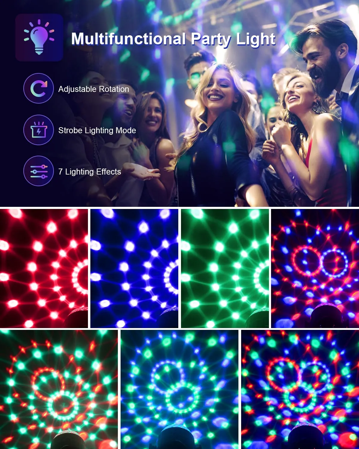 7 Modes Disco Ball Strobe Lamp Stage Light Sound Activated Party Lights with Remote Control Dj Lighting for Dance Parties