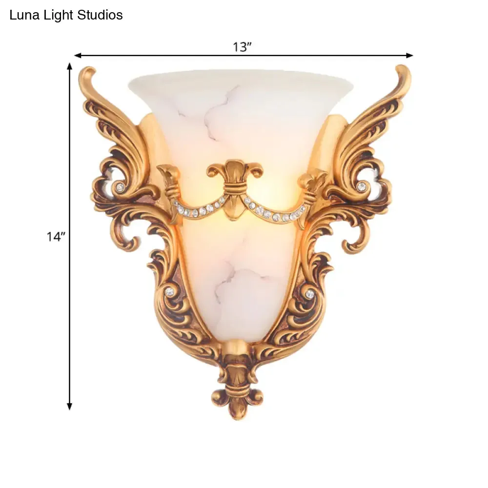 Frosted Glass Colonial Wall Sconce - 1 Bulb Flush Mount Light in White/Gold