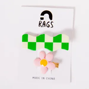 Hair Clips - 'Floral & Green Check'