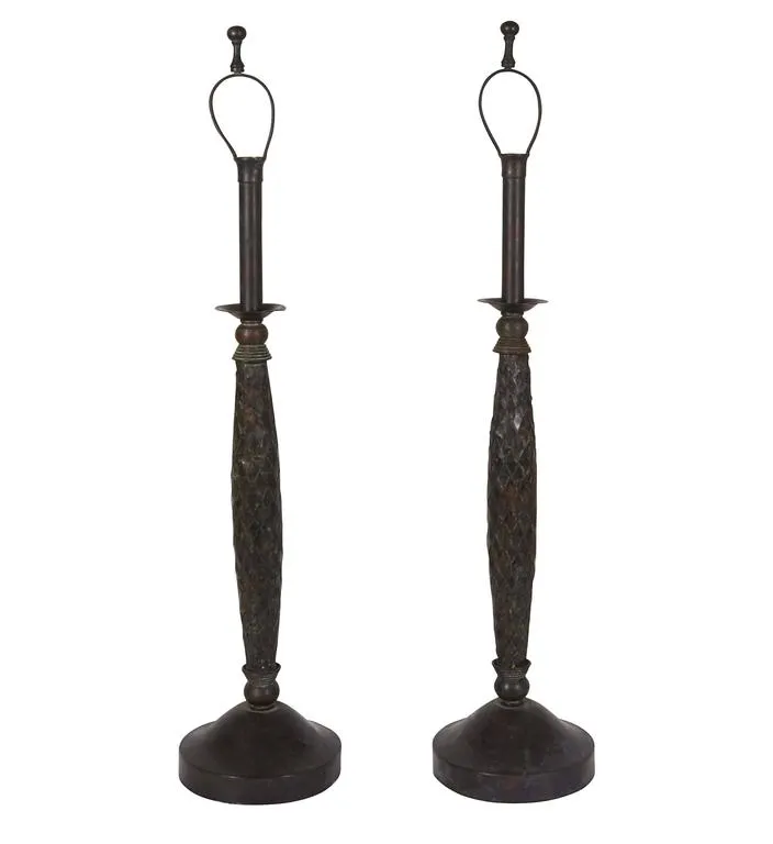 Maitland-Smith Woven Copper Candlestick Lamps, Pair