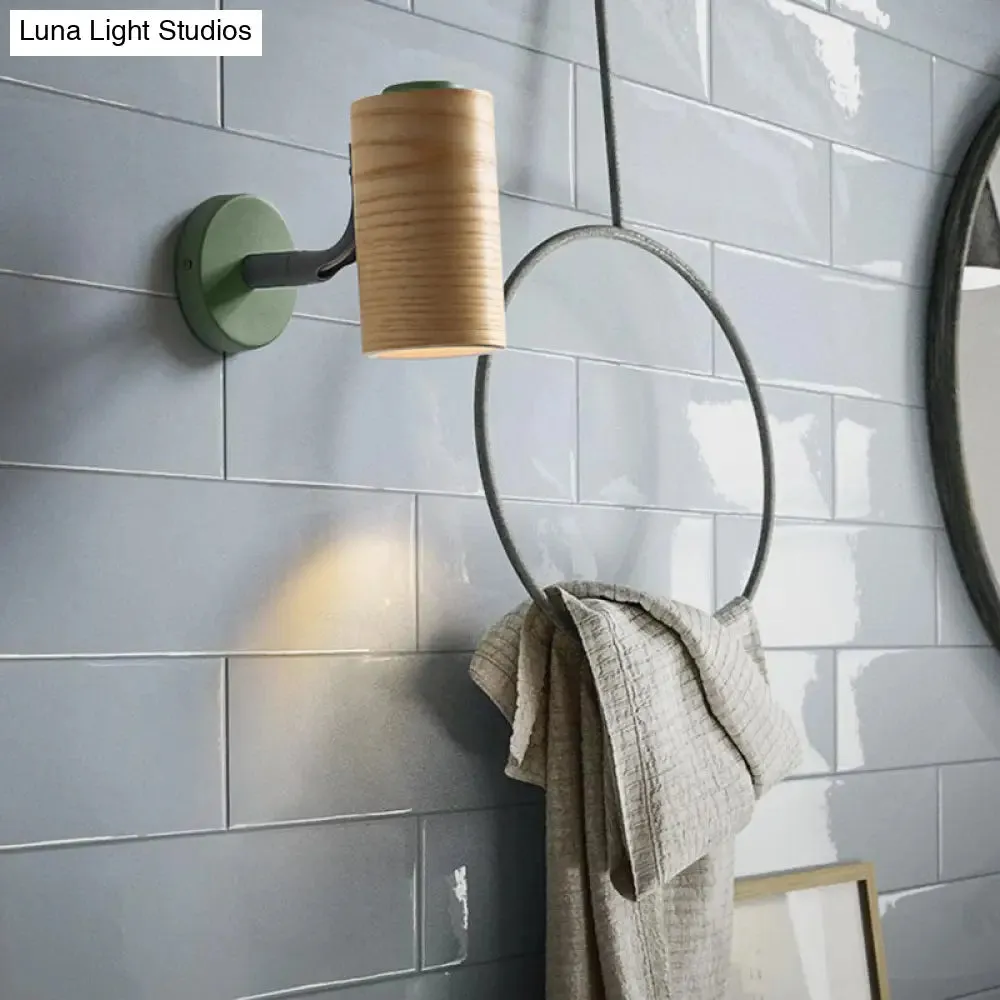 Minimalist Wood Wall Sconce Light for Bathroom - Cylindrical Design with 1 Light and Yellow/Blue/Green Colors
