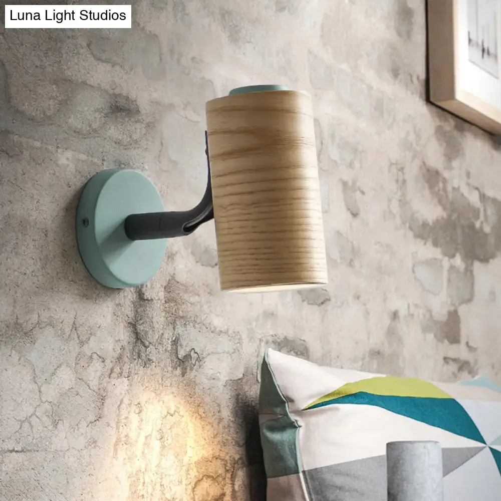 Minimalist Wood Wall Sconce Light for Bathroom - Cylindrical Design with 1 Light and Yellow/Blue/Green Colors