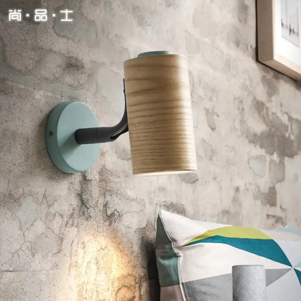 Minimalist Wood Wall Sconce Light for Bathroom - Cylindrical Design with 1 Light and Yellow/Blue/Green Colors