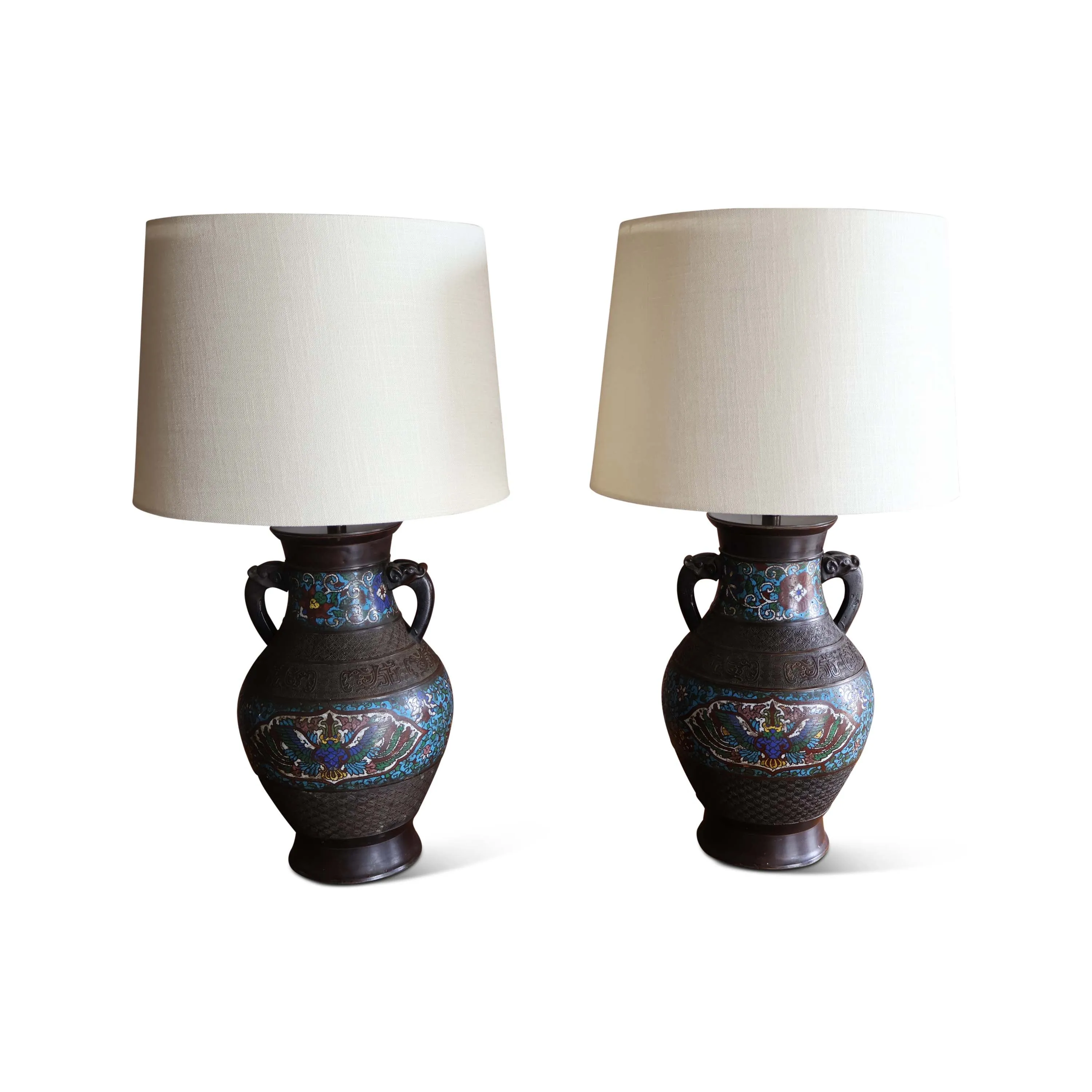 Pair of Bronze Chinese Cloissone Vase Table Lamps