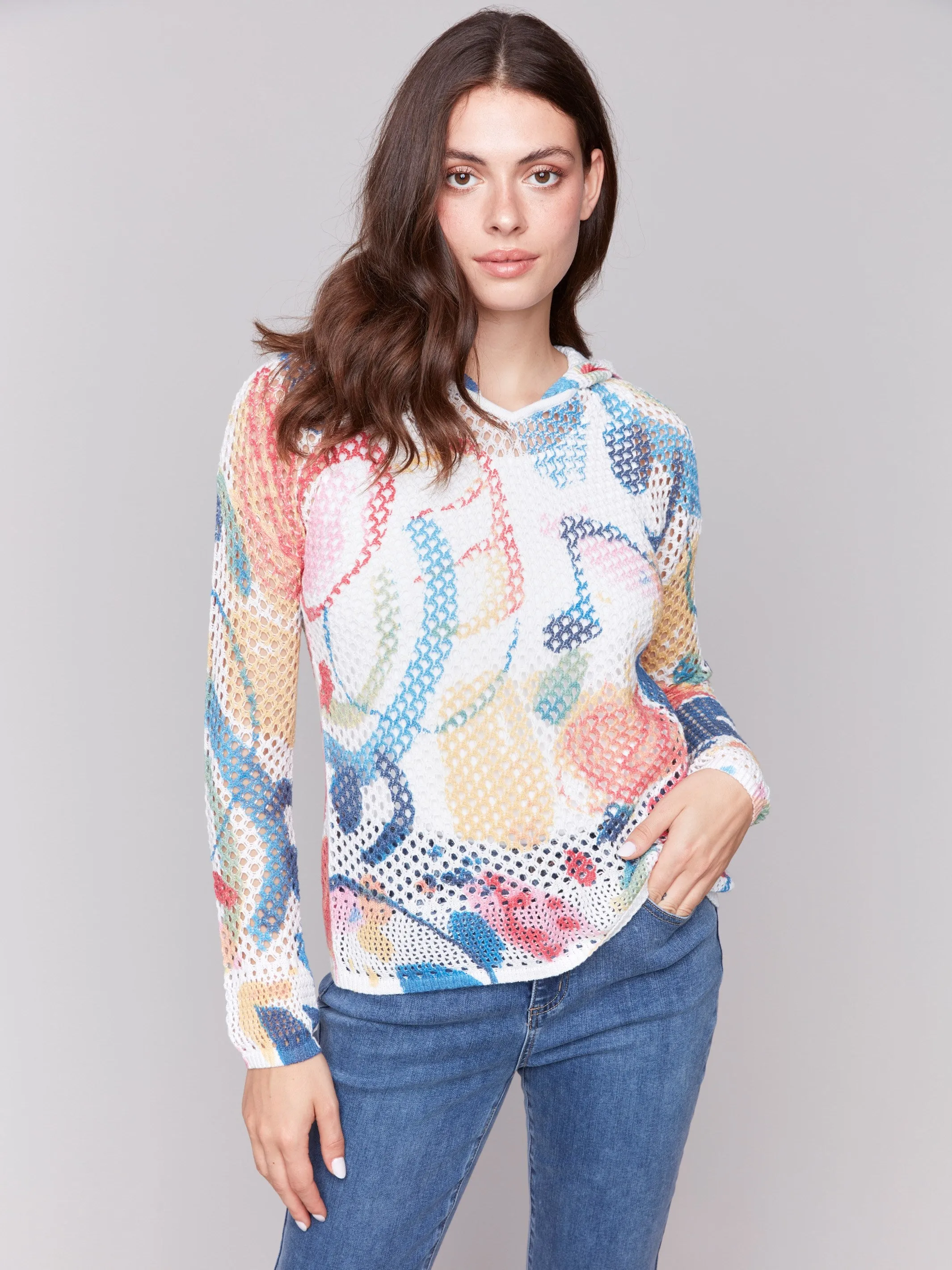 Printed Fishnet Crochet Hoodie Sweater - Abstract