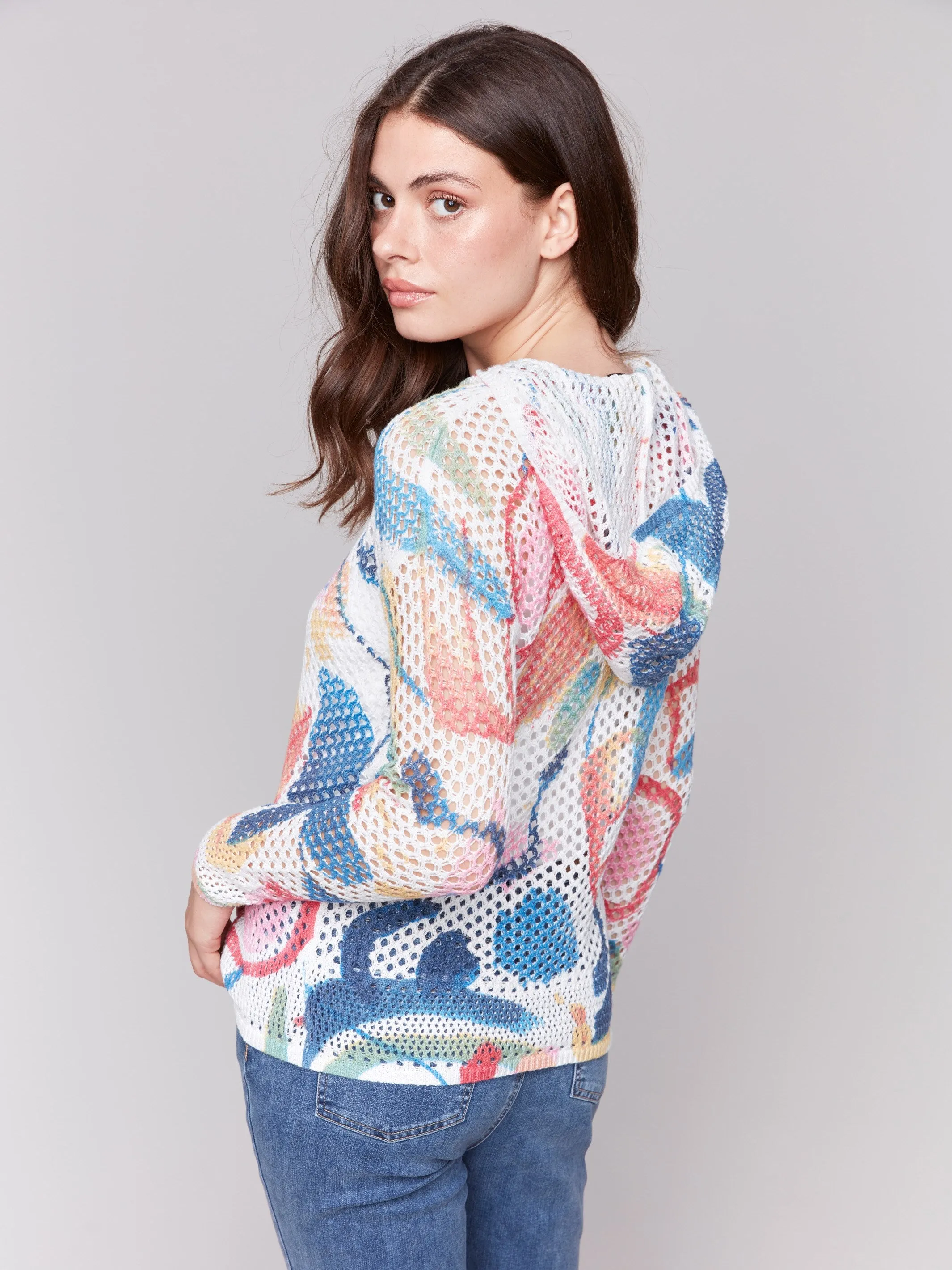 Printed Fishnet Crochet Hoodie Sweater - Abstract