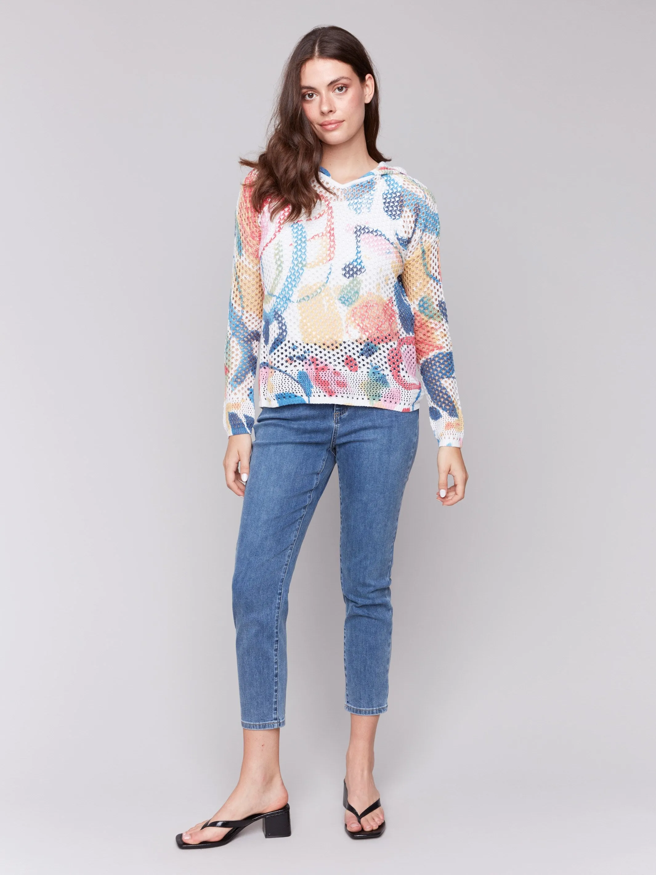 Printed Fishnet Crochet Hoodie Sweater - Abstract