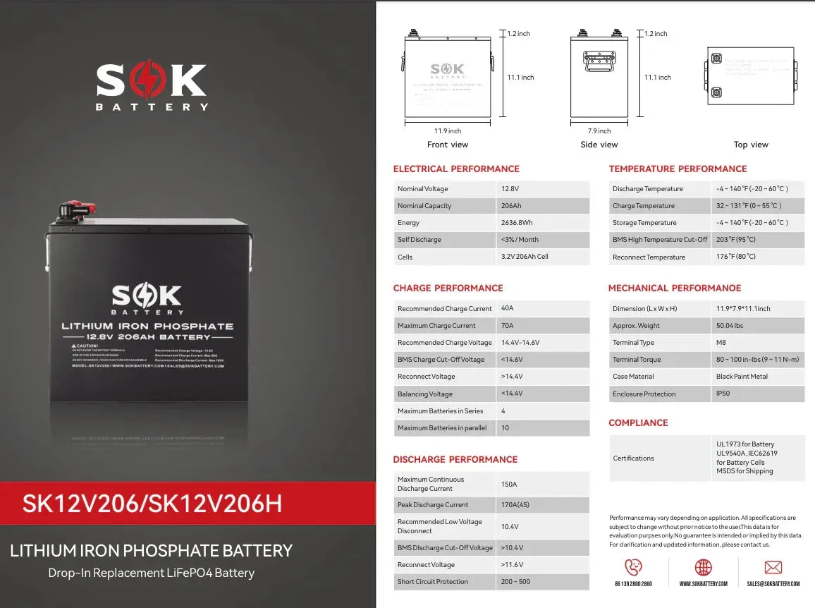 SOK Battery 12V [206Ah-H] 12V LiFePO4 Bluetooth & Optional Built-in heater | SK12V206H & SK12V206P